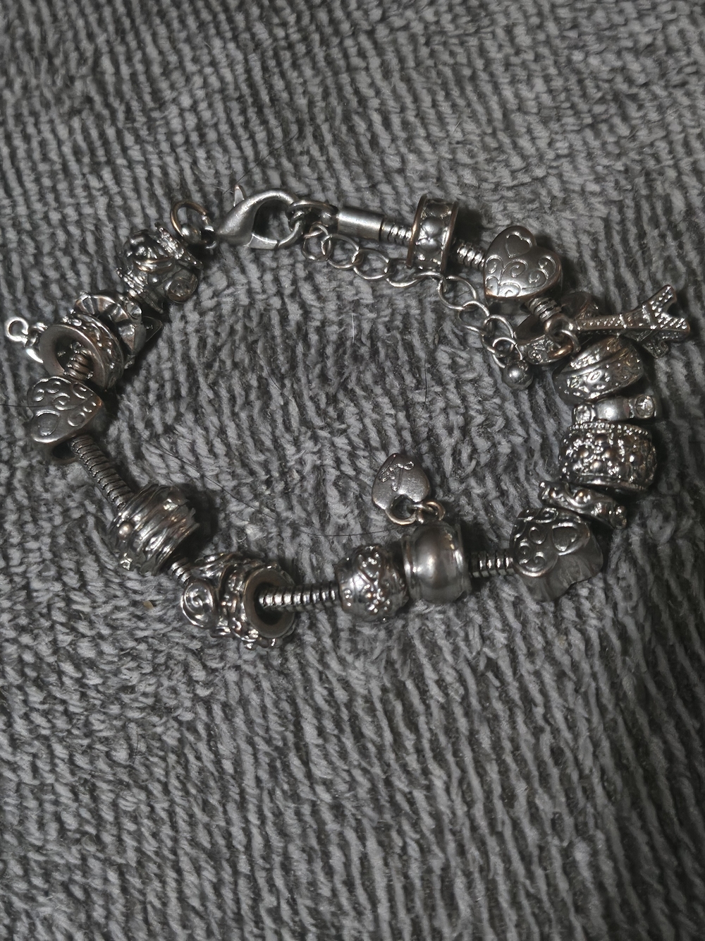 Silver Charm Bracelet with Heart and Decorative Beads